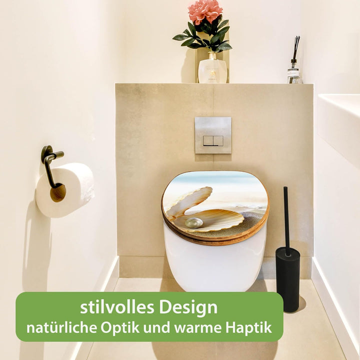banjado® Design WC Sitz Bambus Absenkautomatik mit Motiv Perlenmuschel/Toilettendeckel mit Absenkaut