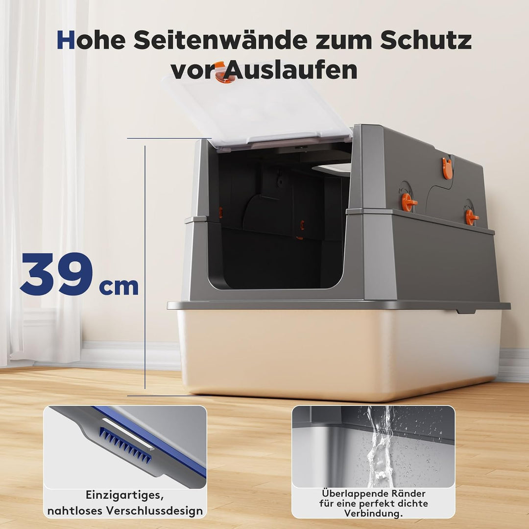 MIXJOY Edelstahl Katzenklo XXL mit Deckel, Katzentoilette Edelstahl Zwei-Tür-Konfiguration, Geschlos