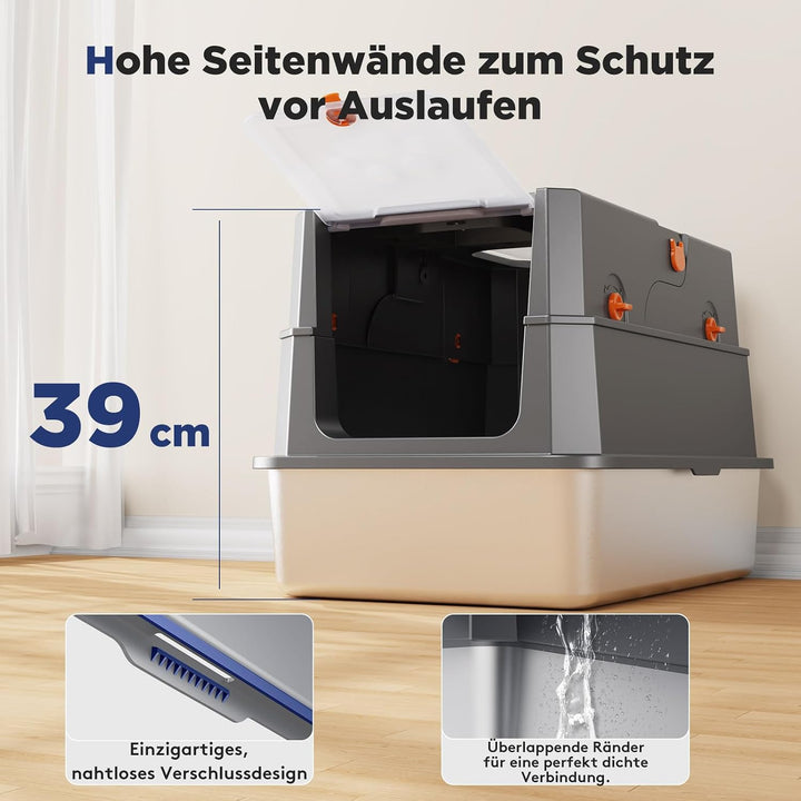 MIXJOY Edelstahl Katzenklo XXL mit Deckel, Katzentoilette Edelstahl Zwei-Tür-Konfiguration, Geschlos