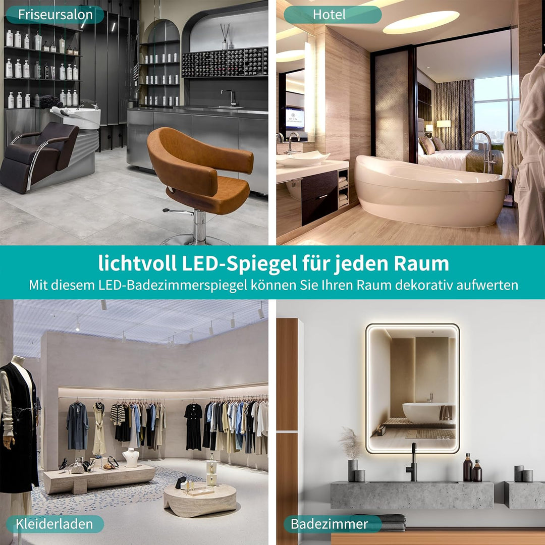 LED Badspiegel 60x80 cm mit frontbeleuchtung, 3 lichtfarben dimmbar, Touch-schalter, Anti-Beschlag &