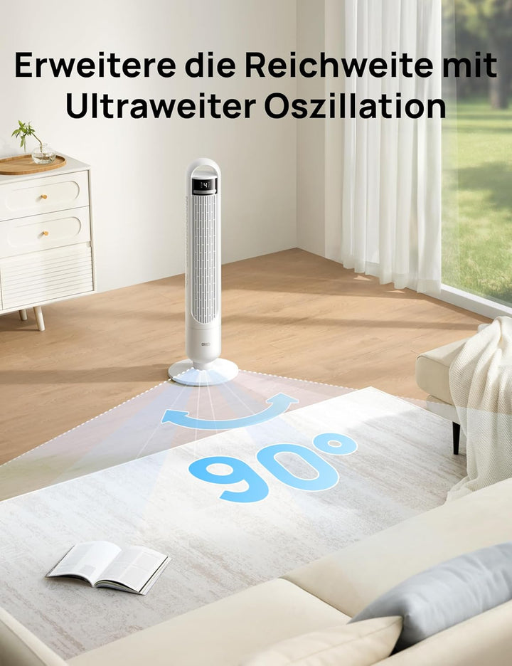 DREO Smart Turmventilator fürs Schlafzimmer, leiser Standventilator mit 28 dB, Luftreichweite bis 8,