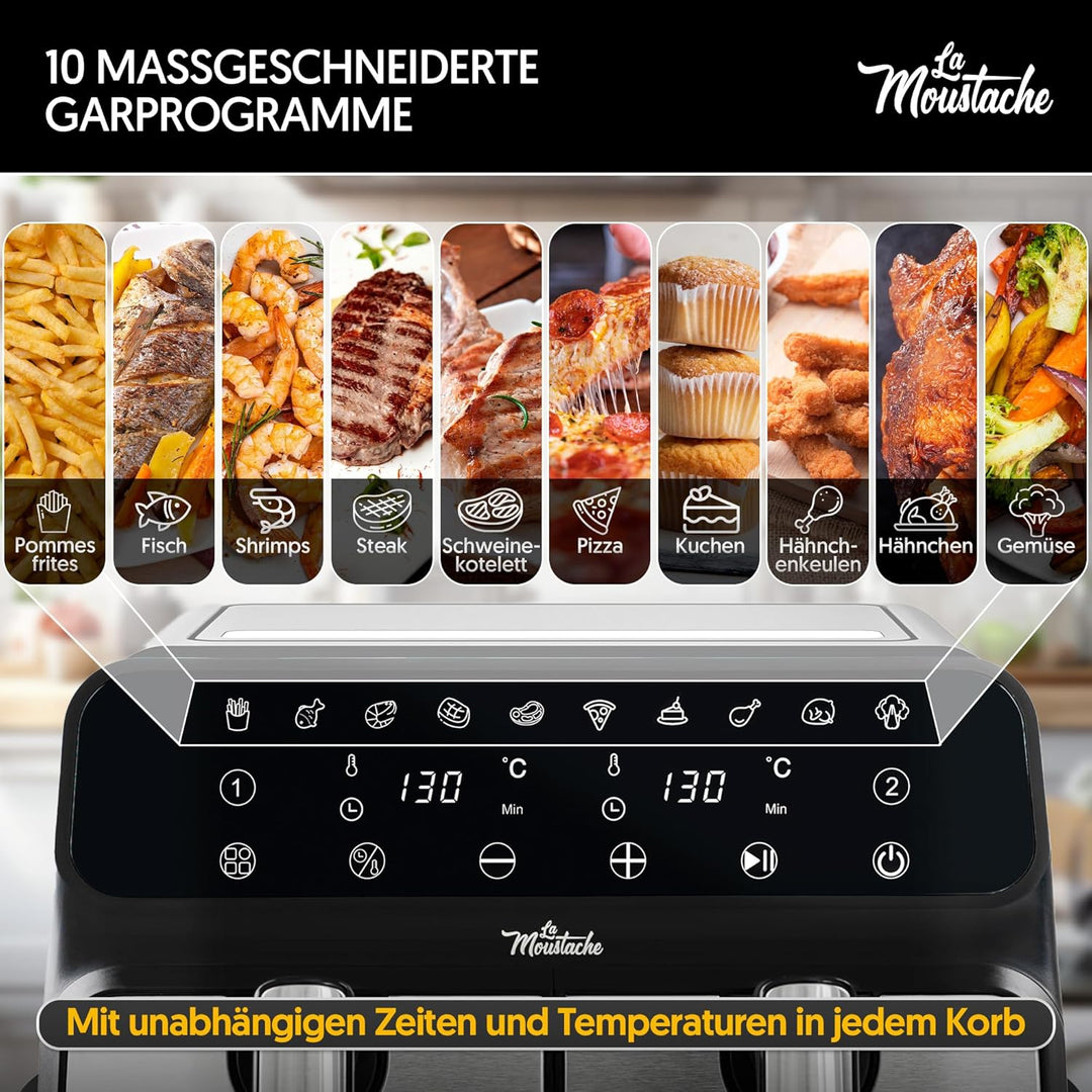 La Moustache - Heissluftfritteuse 8L mit 2 Separaten Körben, Ölfreie Fritteuse 1700W, 10 Programmen,