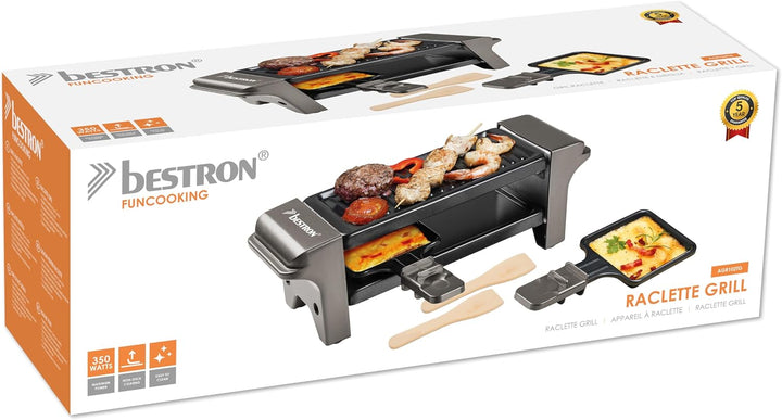 Bestron Raclette für 1 bis 2 Personen, Mini Tischgrill mit zwei Pfännchen, zwei Holzschabern &amp; zwei