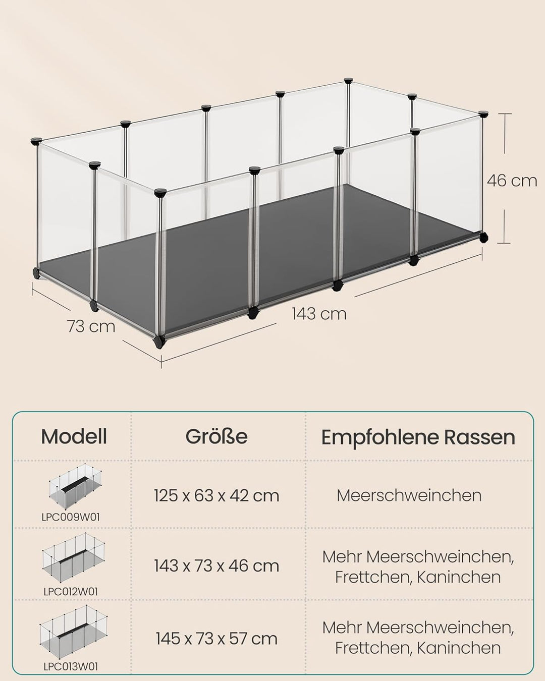 SONGMICS Kleintiergehege mit Bodenplatten, Laufstall mit Abnehmbarer und wasserfester Unterlage, Geh