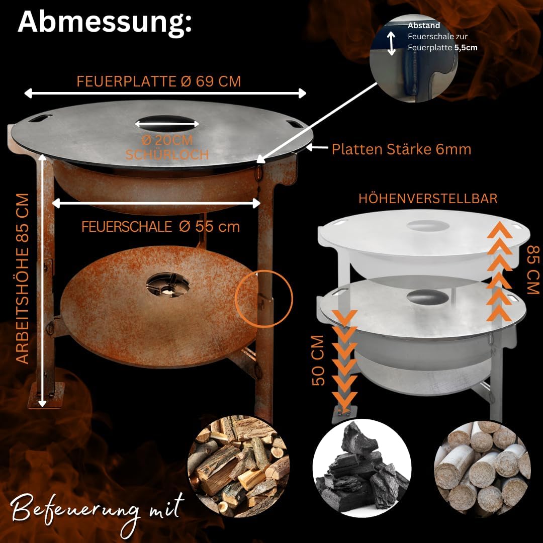 Terma Feuerschale mit Feuerplatte 69-80-100cm -Der Neue Grill Trend- Plancha Grillplatte feuertonne