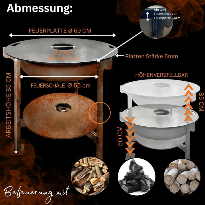 Terma Feuerschale mit Feuerplatte 69-80-100cm -Der Neue Grill Trend- Plancha Grillplatte feuertonne