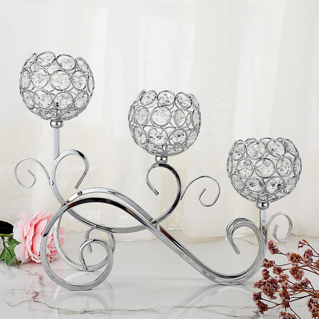 SUMNACON Silber S-Form Kerzenständer 3-Arm-Kristallschalen aus Glas Metall Kerzenhalter Teelicht Dek