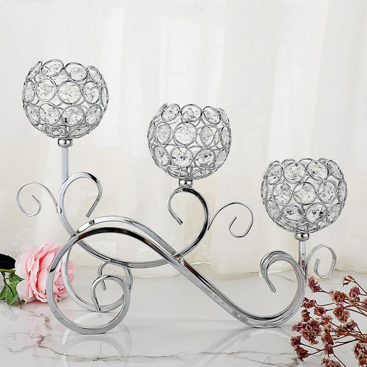 SUMNACON Silber S-Form Kerzenständer 3-Arm-Kristallschalen aus Glas Metall Kerzenhalter Teelicht Dek
