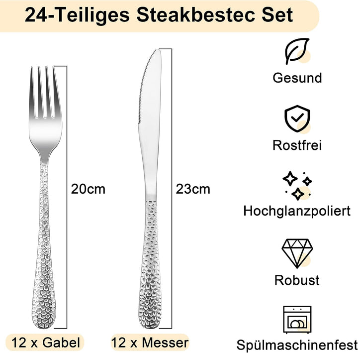 Herogo Steakbesteck Set, 24-teilig Edelstahl Tafelmesser und Tafelgabeln für 12 Personen, Silber Piz