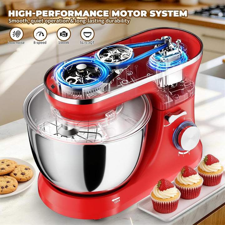Küchenmaschine 5L – Knetmaschine mit 1000W, 8+ P Geschwindigkeiten, 3 Rührwerkzeuge, Spritzschutz, T