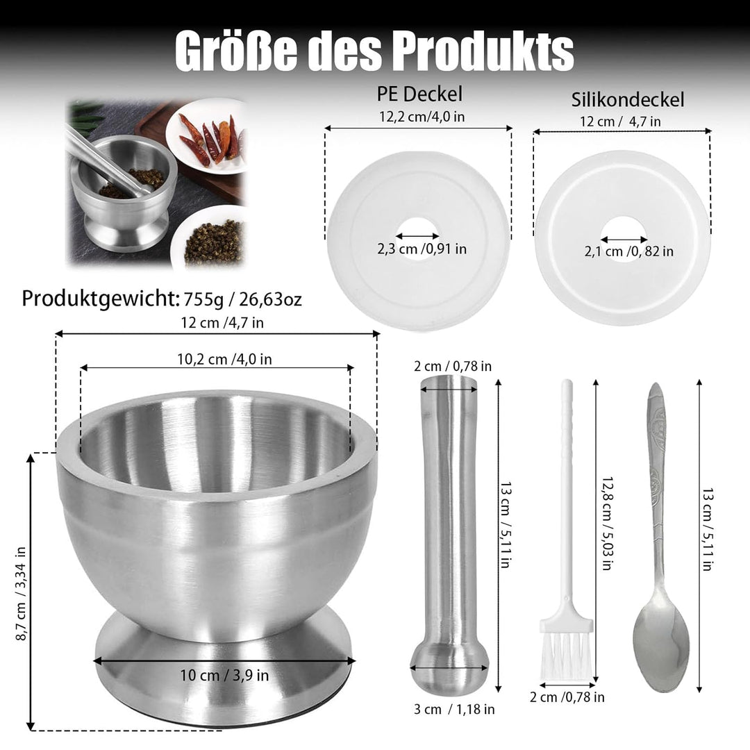 304 Edelstahl Mörser mit Stössel, 350ml Mörser und Stössel Set, 12cm Haushaltsstössel und Mörserscha