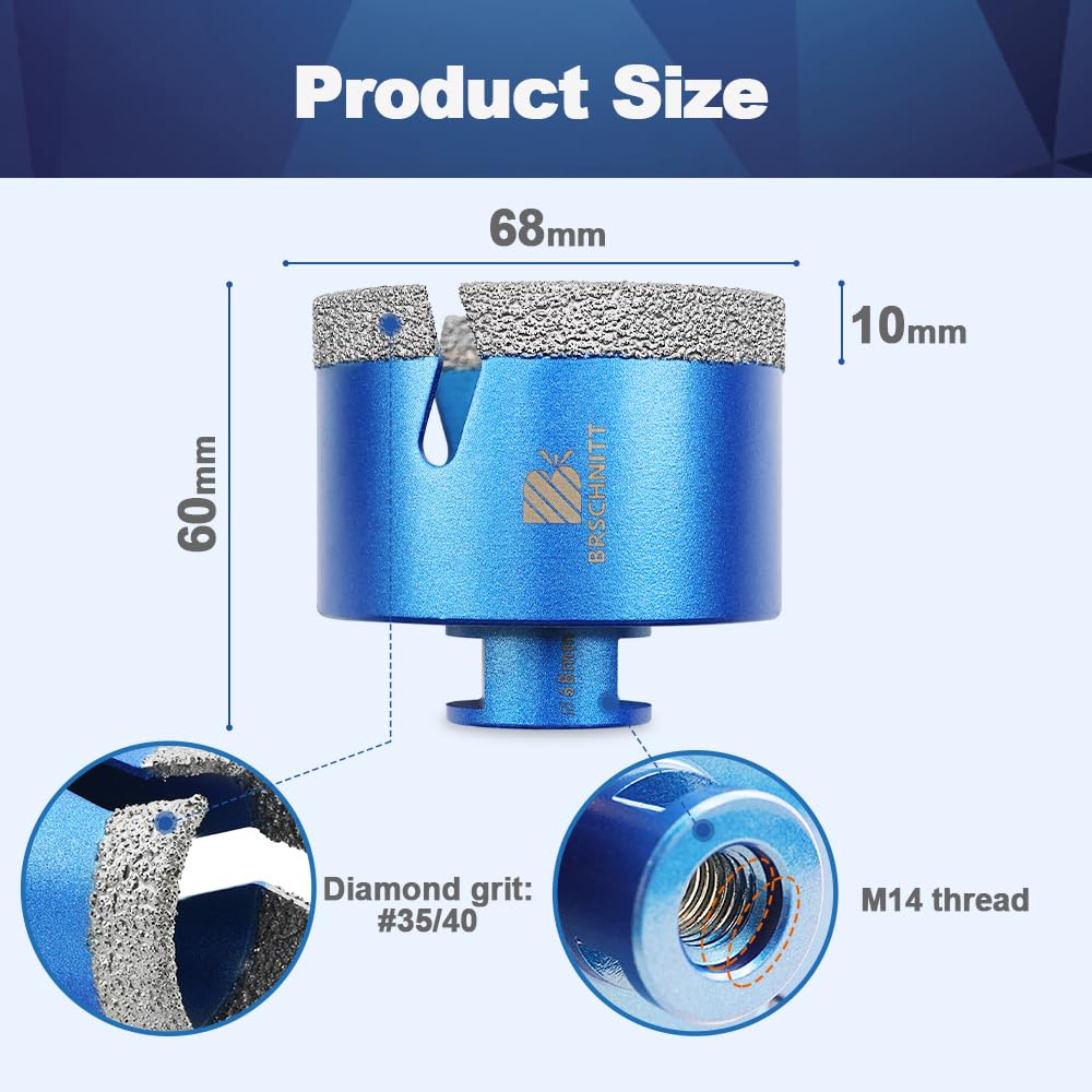 Diamant Fliesenbohrer 68mm - BRSCHNITT M14 Diamantbohrer Lochsäge für Fliesen Porzellan Keramik Marm