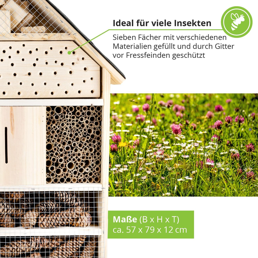 GARTENETAGE Insektenhotel XXL mit Schieferdach/Naturbelassenes, massives Insektenhaus & Bienenhotel/
