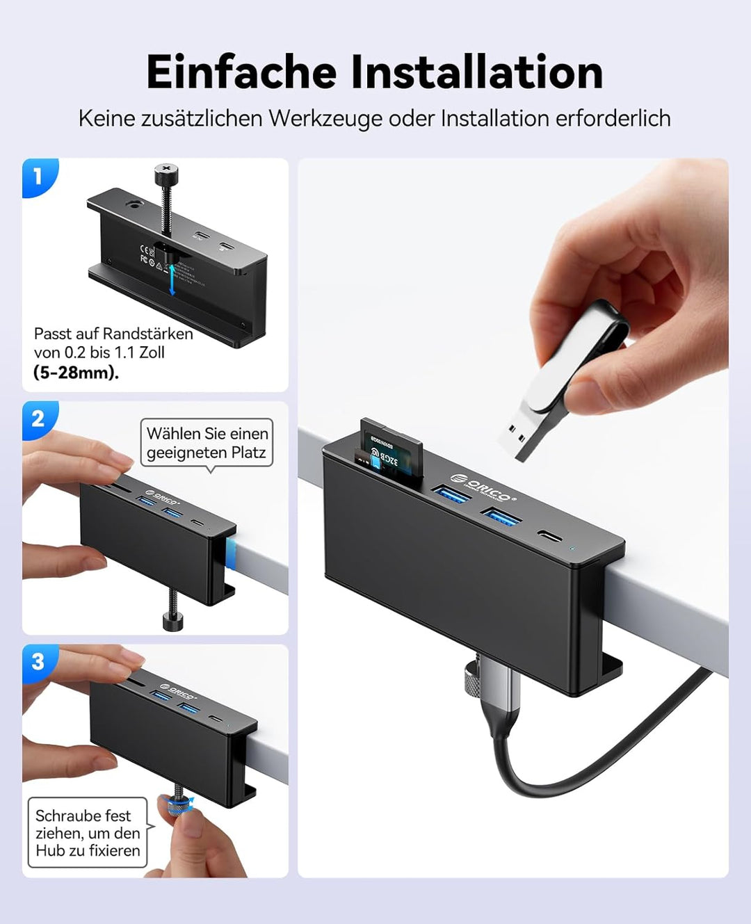 ORICO USB Hub, Aluminum USB3.2 Hub Clip mit USB-C PD 60W Port, 10Gbps 6 Ports USB Verteiler mit 2 Ty