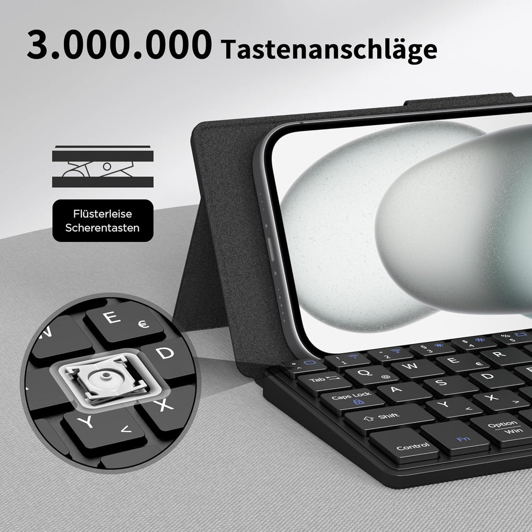 CACOE Bluetooth Tastatur mit Ständer, Mini Tastatur für Handy, Ultraflache Tragbare, Faltbare, Dual-