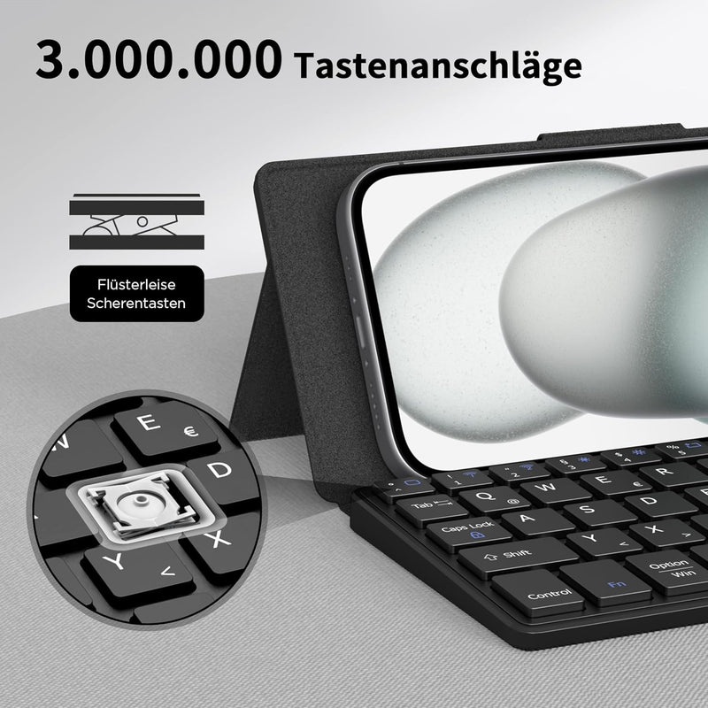 CACOE Bluetooth Tastatur mit Ständer, Mini Tastatur für Handy, Ultraflache Tragbare, Faltbare, Dual-