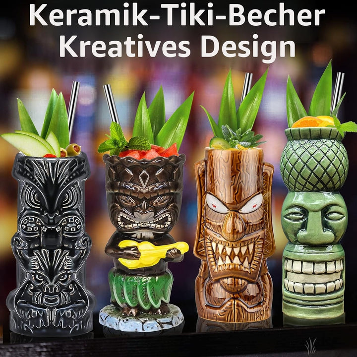 Tiki-Tassen, 4 Stück Tiki-Gläser für Cocktails grossen tropischen Keramikbechern Hawaii Tiki Party K