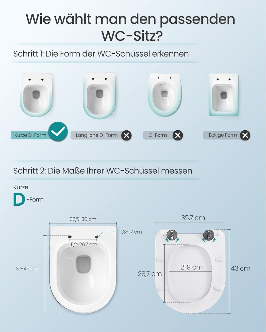SONGMICS Toilettendeckel, kurze D-Form, WC-Sitz mit Absenkautomatik, Toilettensitz schnell abnehmbar