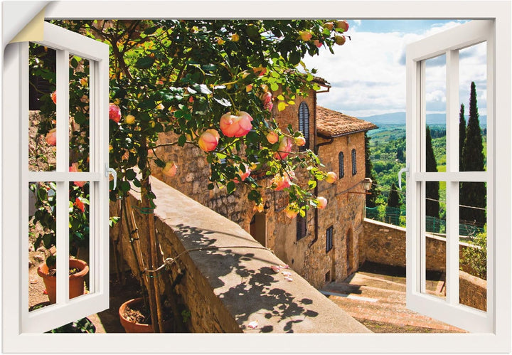 ARTland Wandbild selbstklebend Vinylfolie 100x70 cm Fensterblick Fenster Toskana Landschaft Garten R