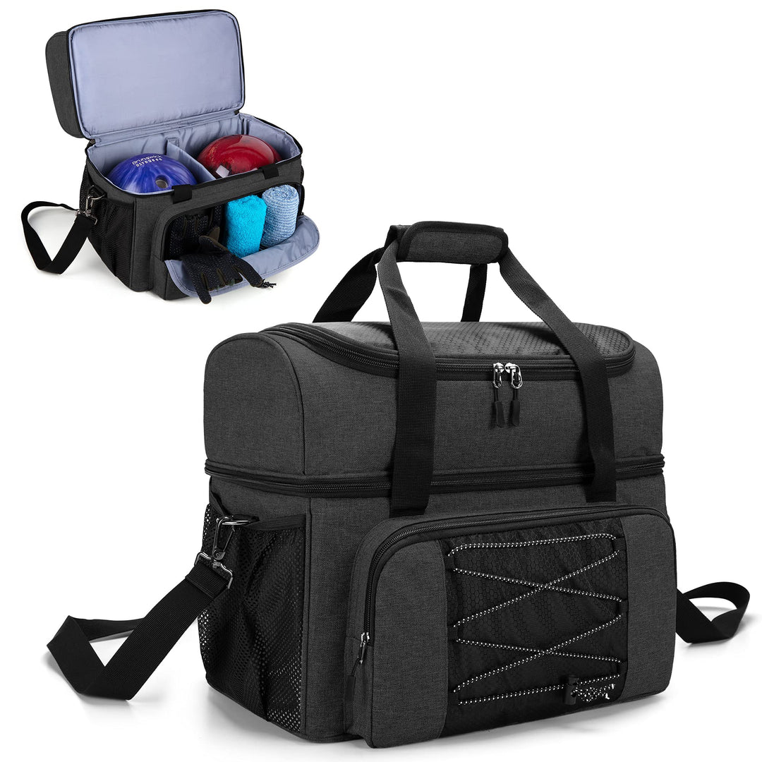DSLEAF Bowlingtasche für 2 Bälle mit Holzballhalter und gepolsterter Trennwand, EIN Paar Bowlingschu