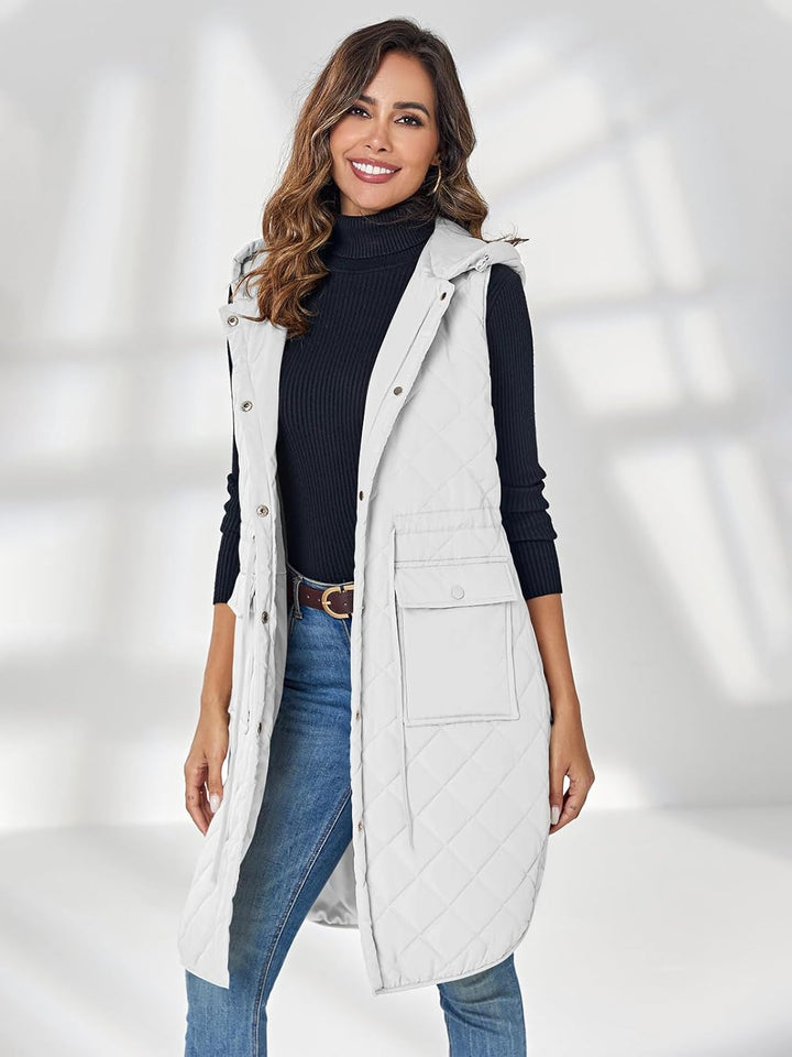 Wenrine Damen Weste Lang Ärmellose Winter Steppweste mit Kapuze und Taschen Casual S Weiss, S Weiss