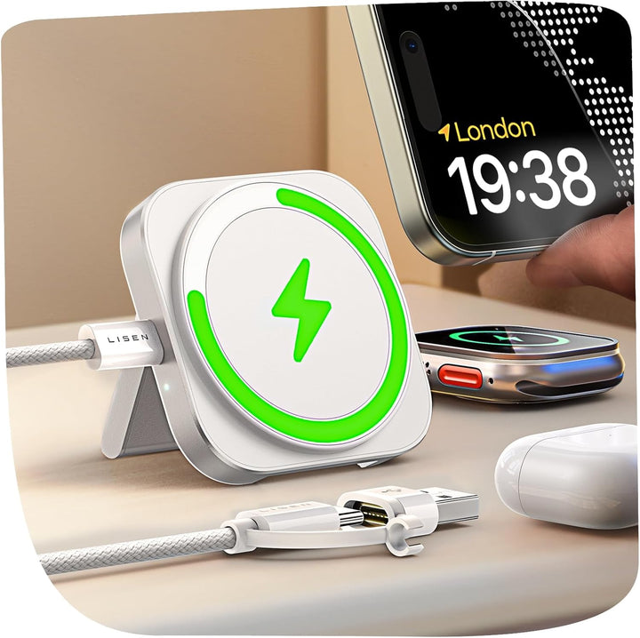 LISEN Induktive Ladestation für Apple Watch Und iPhone [Super Tragbar] Magsafe Ladestation,Reisen Wi