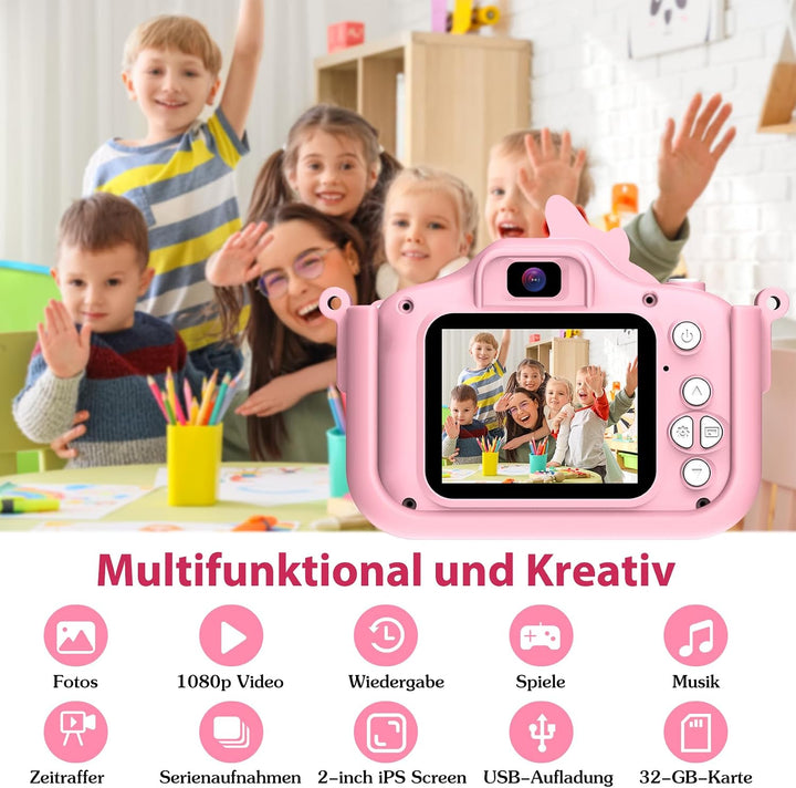Kinderkamera mit 32GB Karte 1080P HD Kinder Digitalkamera Rosa Kids Camera