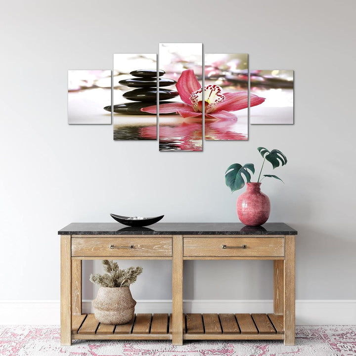 Runa Art Wandbilder Blumen Orchidee 5 Teilig Bild auf Vlies Leinwand Deko Wohnzimmer Steine Rosa Gra