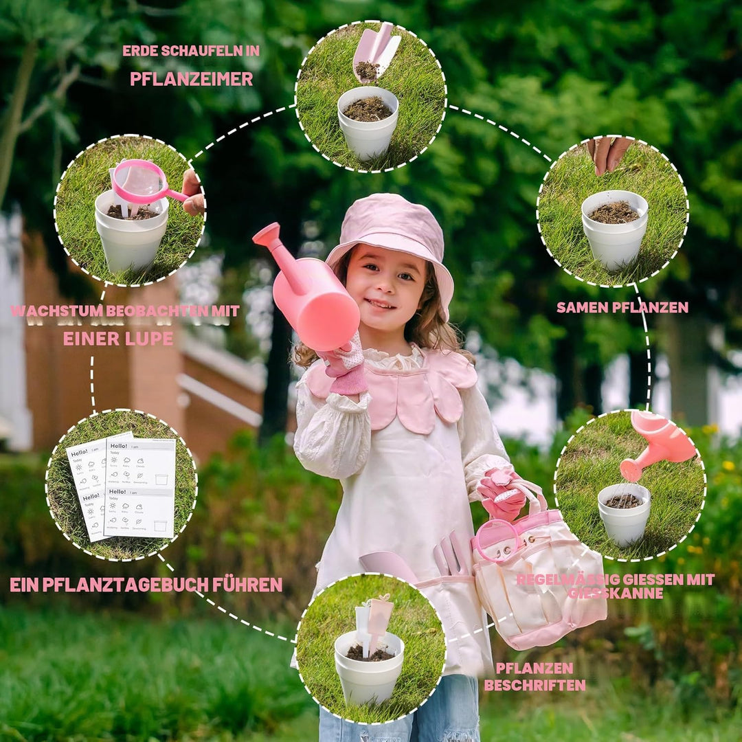 ROBUD Kinder-Gartenwerkzeug-Set, 17-teilig, Kinder-Gartenwerkzeug-Set mit Giesskanne, Gartengabel un
