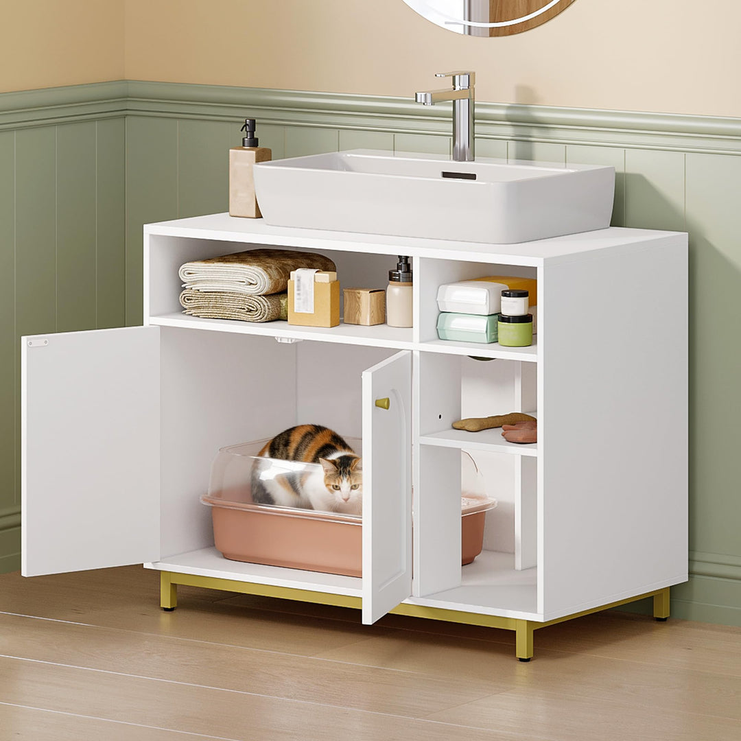 Hzuaneri Katzenschrank, Katzenklo Schrank mit Speicherfunktion, 80 x 45 x 65 cm, Waschbeckenuntersch