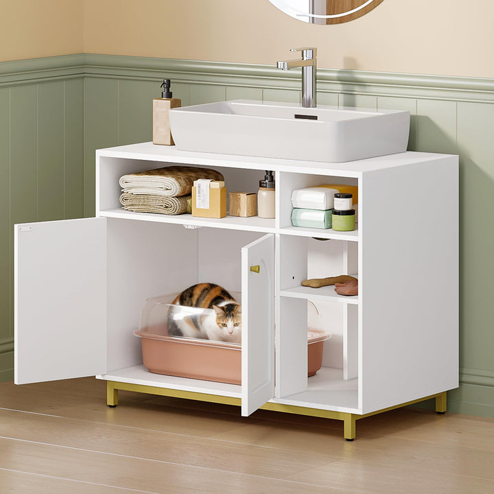 Hzuaneri Katzenschrank, Katzenklo Schrank mit Speicherfunktion, 80 x 45 x 65 cm, Waschbeckenuntersch