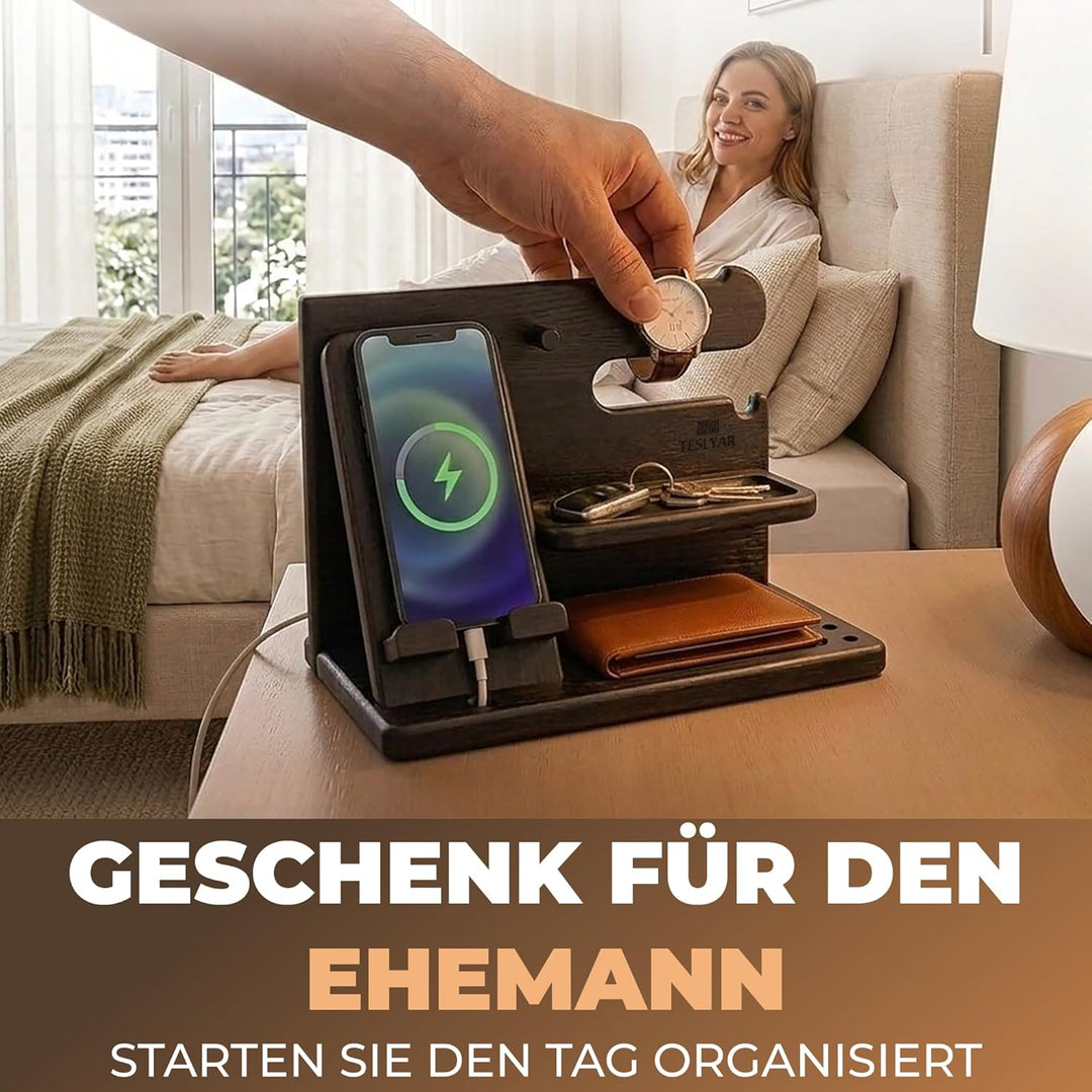 Holz Telefon Dockingstation Asche Baum Geldbörsenständer & Uhren Organizer Herren Weihnachten Gesche