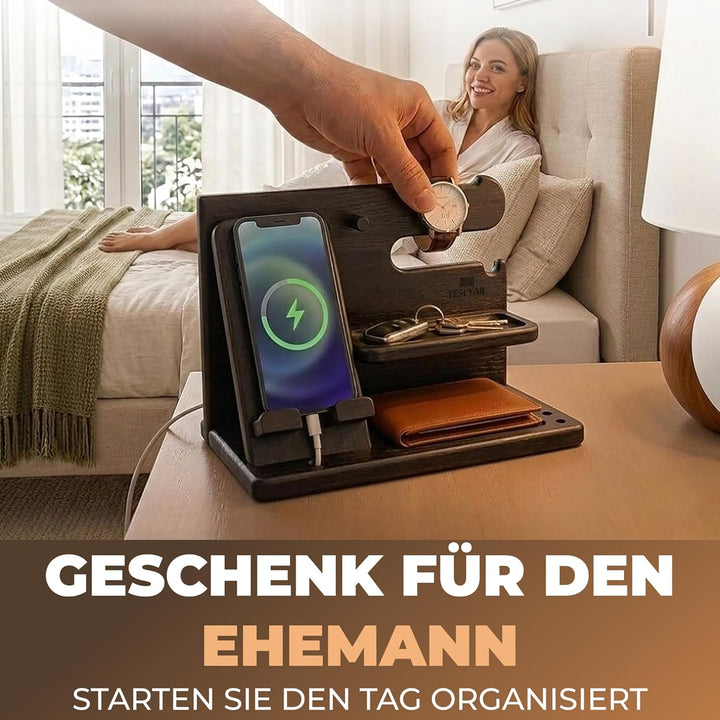 Holz Telefon Dockingstation Asche Baum Geldbörsenständer & Uhren Organizer Herren Weihnachten Gesche