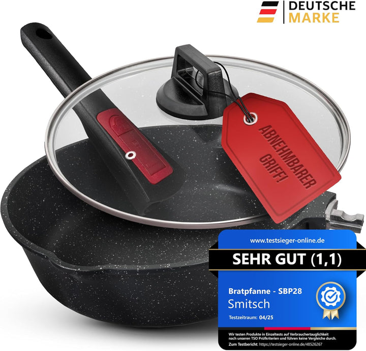 Bratpfanne 28cm mit Deckel – Beschichtet, abnehmbarer Griff, spülmaschinenfeste,ofenfeste pfanne,pfa