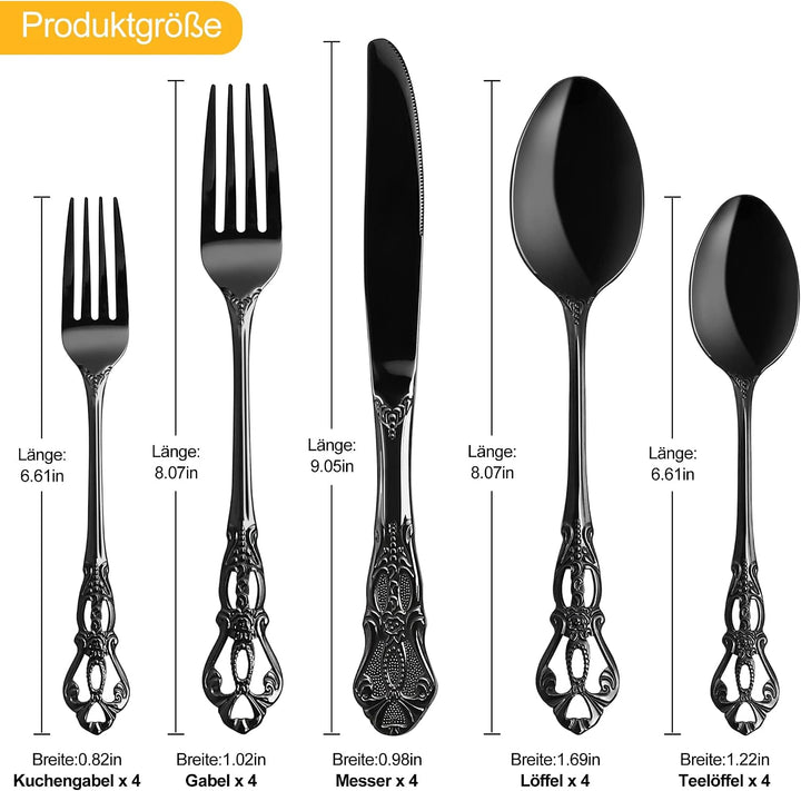 Besteck Set, 40-teilig Besteck Schwarz, Vintage Palast-Stil Besteckset 8 Personen aus Edelstahl, Sch