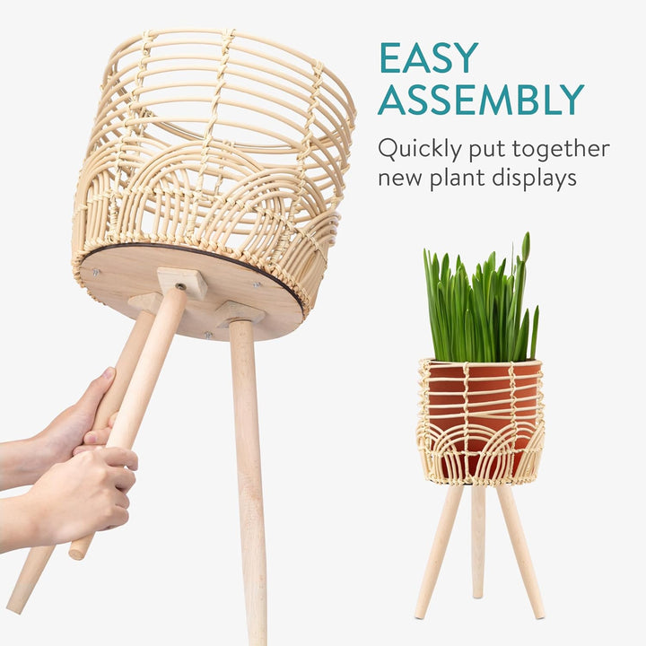 Navaris 2x Blumentopf mit Ständer im Rattan Look - Boho Blumentopf geflochten - Pflanzen Hocker im K