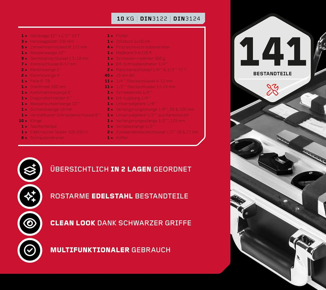Werkzeugkoffer Manos 141 | Bestückt mit 141 hochwertigen Werkzeugen | Robuster Stahlkoffer mit Metal