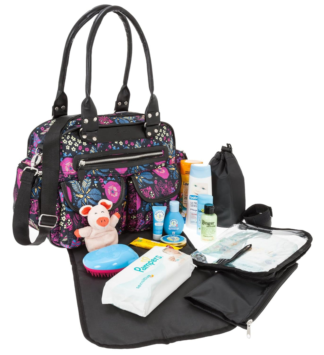 6 TEILE Set: ALESSANDRO Wickeltasche FLEUR Babywickeltasche + Wickelmatte + Windeltasche + Wäschesac