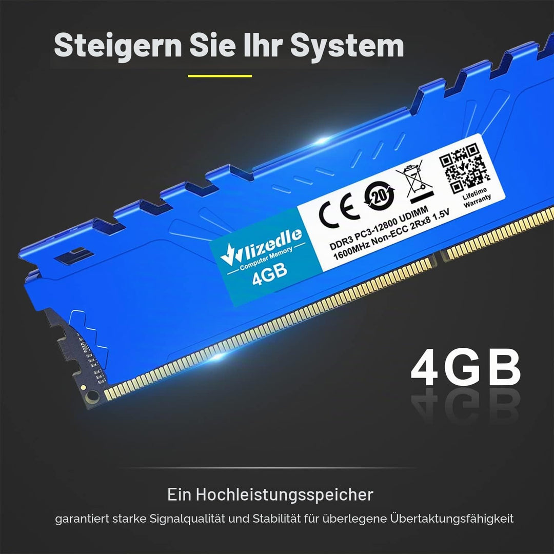 DDR3 Desktop Memory RAM 4GB 1600MHz CL11 UDIMM, PC Arbeitsspeicher PC3-12800 240-Pin 1,5V Non-ECC 2R