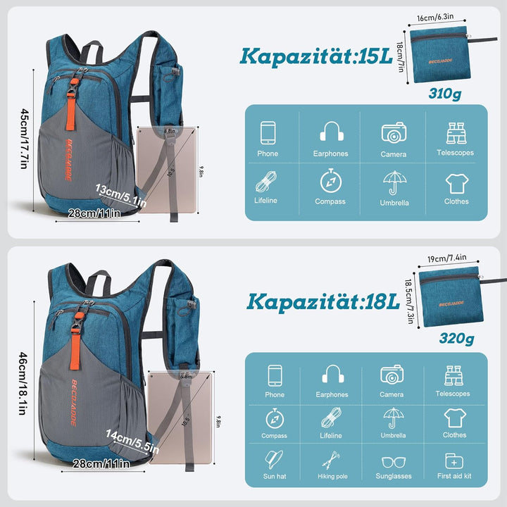 15L Wanderrucksack Herren Kleiner Rucksack Damen Leichter Daypack Tagesrucksack Faltbarer Trekkingru