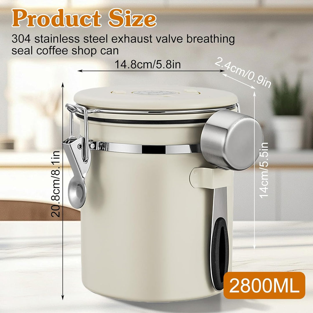 Kaffeedose Luftdicht, 2,8 L Kaffeebohnenbehälter Vakuum, Kaffeebohnen Behälter mit CO2-Ventil und Me