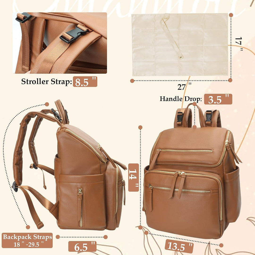 Omanmoli Wickeltasche, Rucksack, Baby-Wickeltasche, Leder, mit 17 Wickeltaschen Kunstleder-congac, K