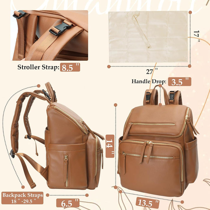 Omanmoli Wickeltasche, Rucksack, Baby-Wickeltasche, Leder, mit 17 Wickeltaschen Kunstleder-congac, K