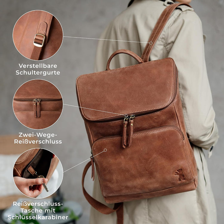 Berliner Bags Vintage Rucksack Sydney, Kleiner Tagesrucksack aus Leder, Cityrucksack für Damen - Bra