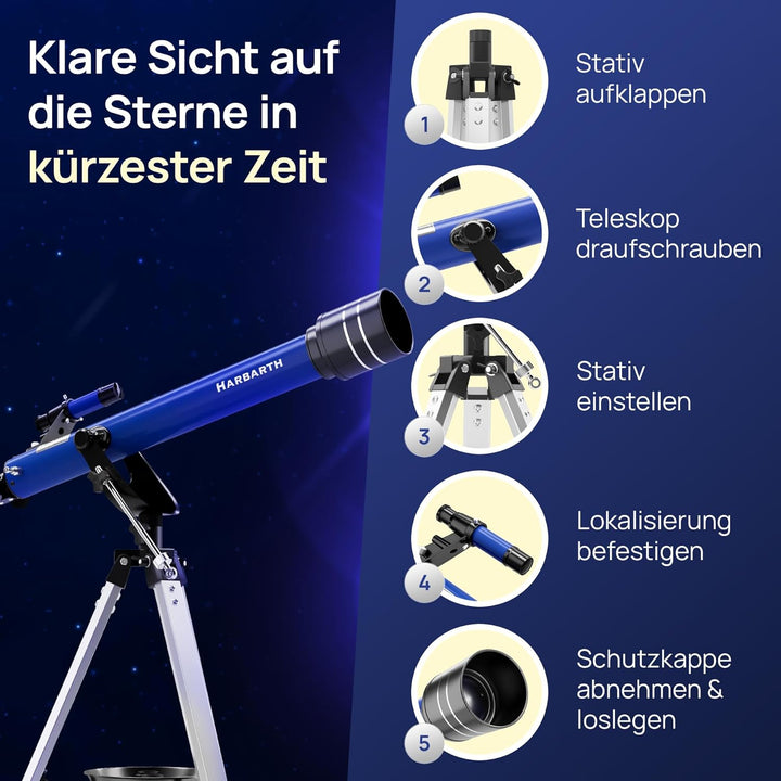 HARBARTH, Teleskop, Linsenteleskop + Okulare, Tasche, Handyhalterung für Bilder - Ideal für Erwachse