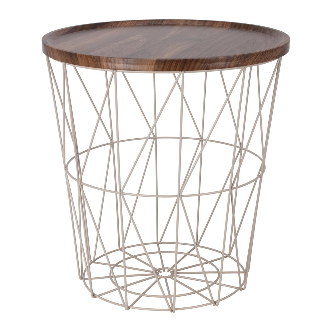 Spetebo Gitterkorb Beistelltisch aus Metall 39 cm - Creme - Korbtisch mit Holz Optik Tischplatte in
