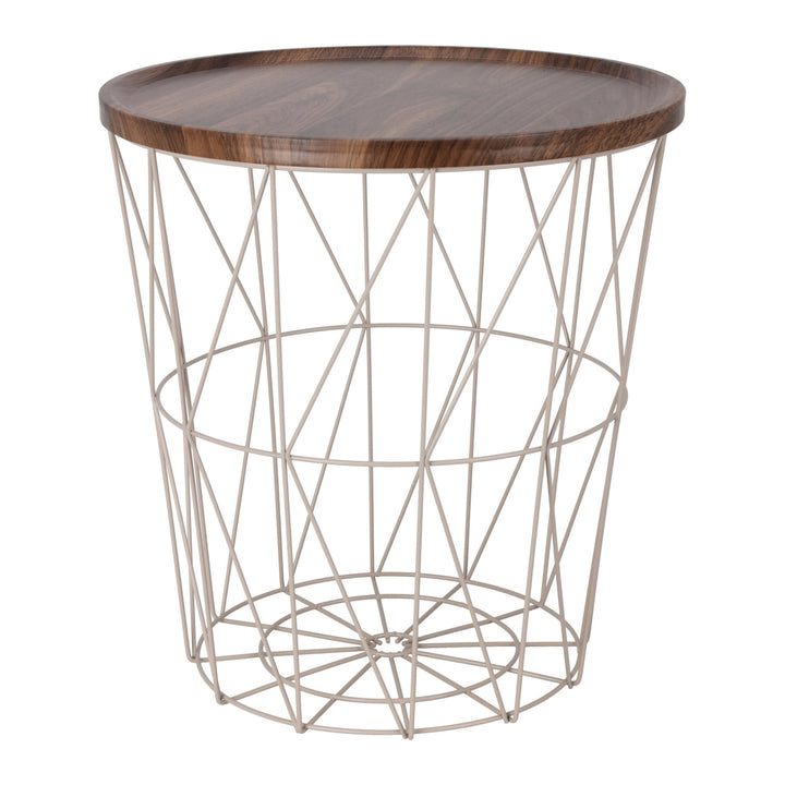 Spetebo Gitterkorb Beistelltisch aus Metall 39 cm - Creme - Korbtisch mit Holz Optik Tischplatte in