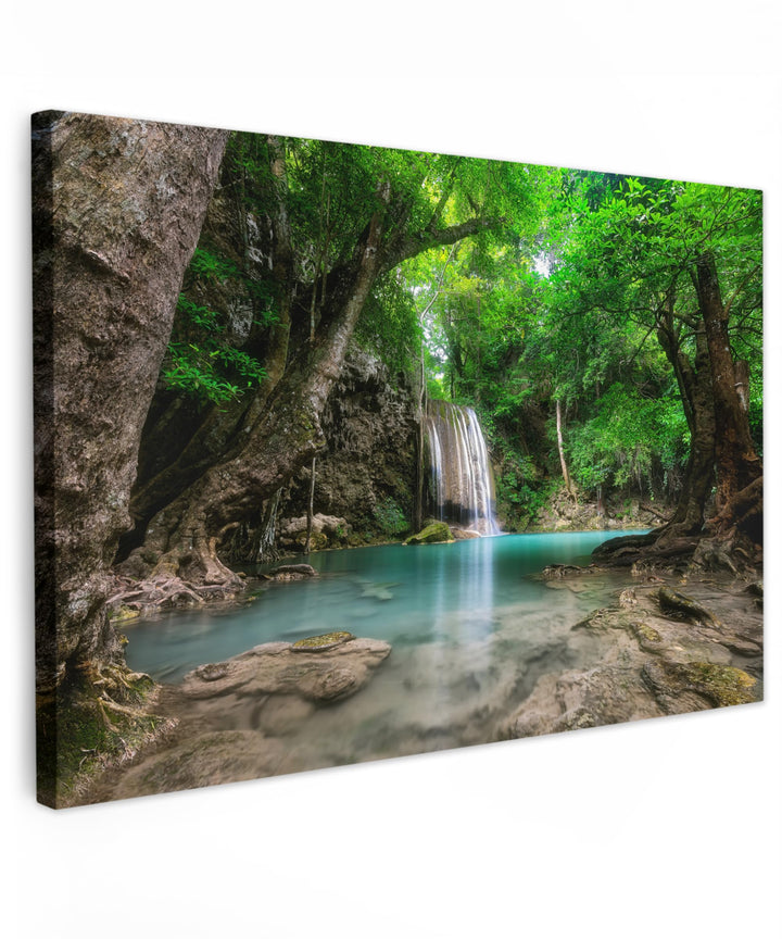 MuchoWow Leinwand Bilder, Einzigartige Wanddeko mit Rahmen, Dschungel - Wasserfall - Pflanzen - Wass