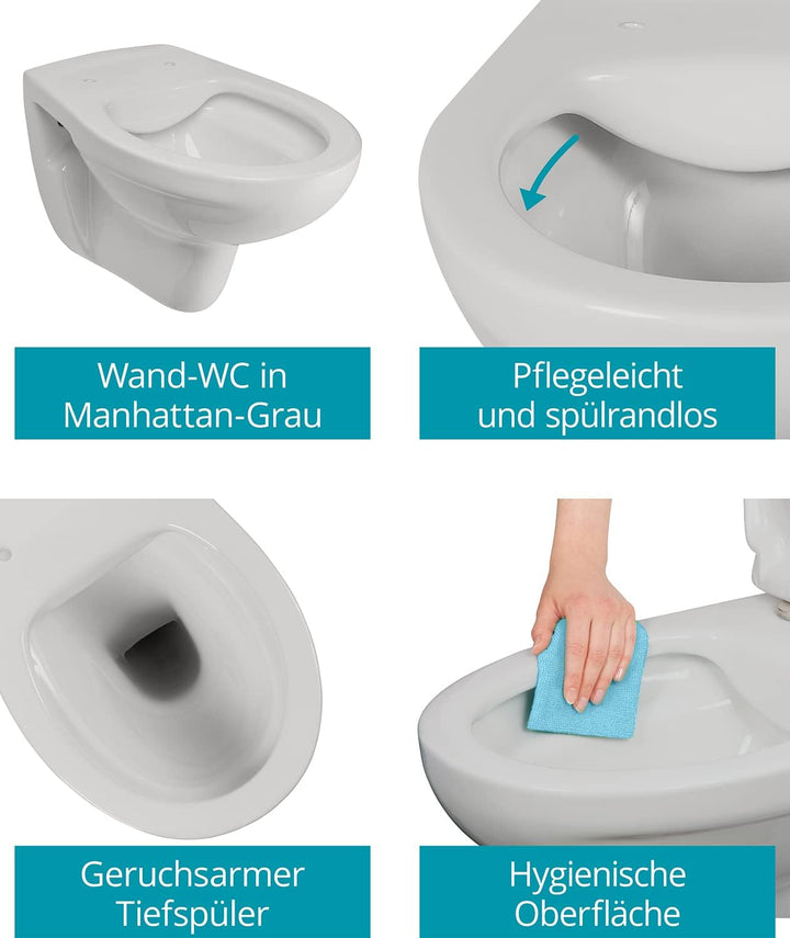 Calmwaters® Hänge WC spülrandlos in Manhattan-Grau, Wand-WC mit Abgang waagerecht, Tiefspül WC ohne