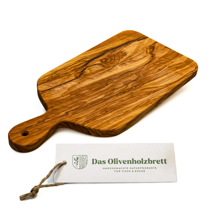 DAS OLIVENHOLZBRETT® rechteckiges Schneidebrett mit Griff aus Olivenholz/Kräuterbrett mit Griff/Serv